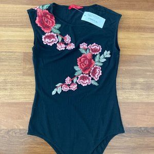 UNWORN Black sheer floral applique body suit
